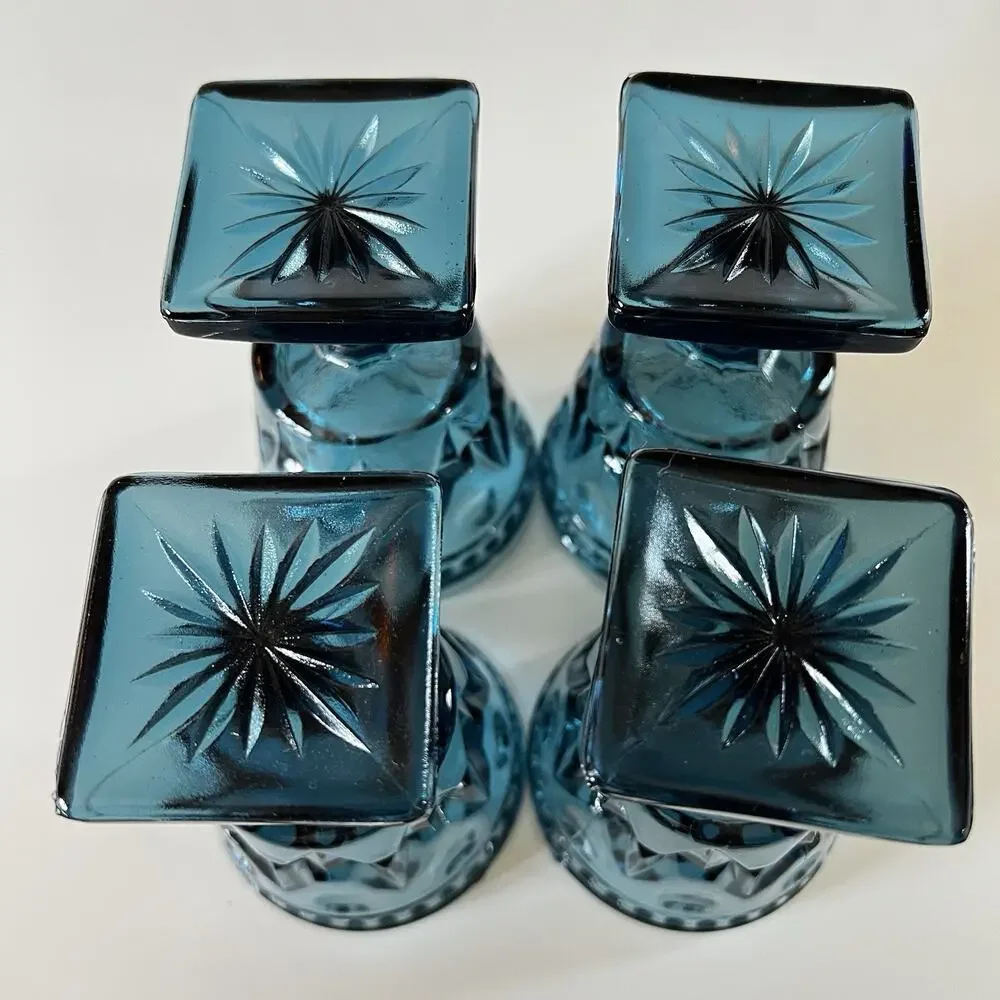 Indiana Glass Colony Park Lane Teal Blue Goblet Glass 4 1/2” Tall Vintage Set 4